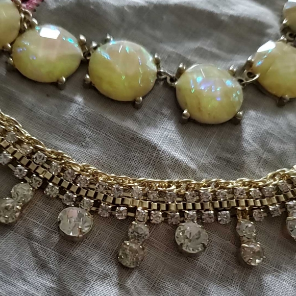 Double Strand Necklace Mexican Opal & Crystal Rhinestones on Gold Tone Chains - Picture 6 of 9